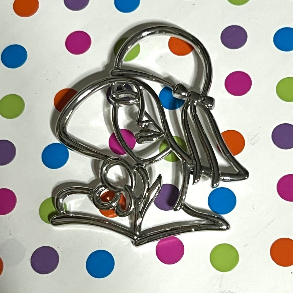 80s Vintage Retro Style Silver Fashion Womans Face Brooch Pin Floppy Hat